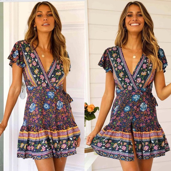 Moody Floral Wrap Dress Blue Boho Mini Dress - Picture 3 of 7